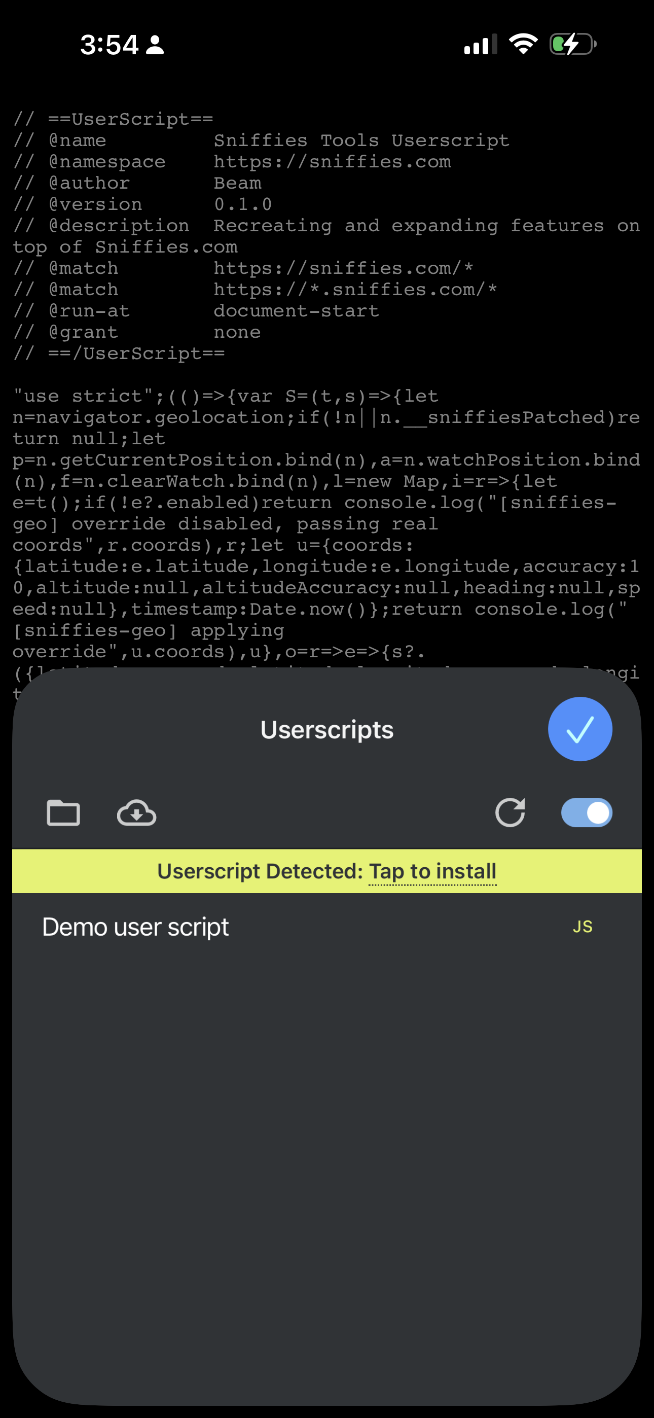Userscripts extension prompting the user that a userscript has been detected and offering to install it